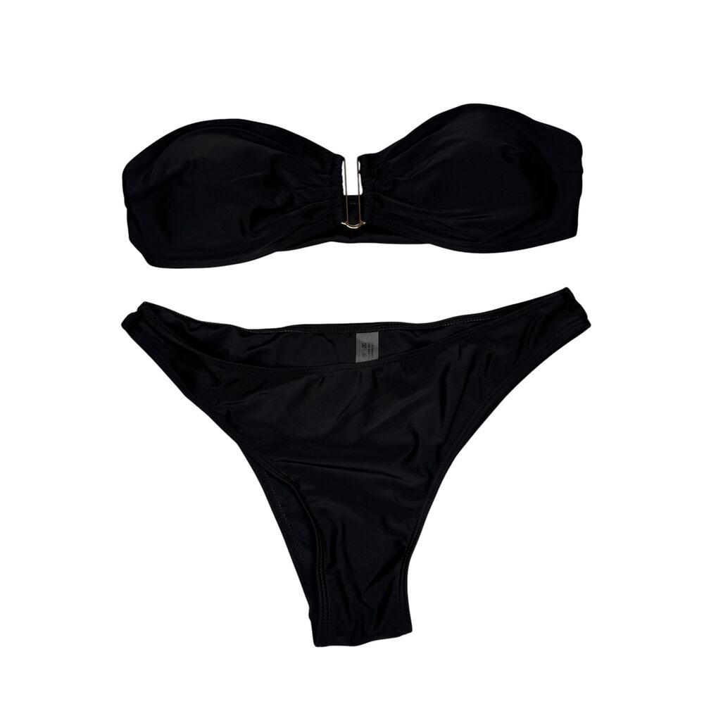 Black Bandeau Bikini Set Women's L Strapless High Cut Minimalist Swimwear